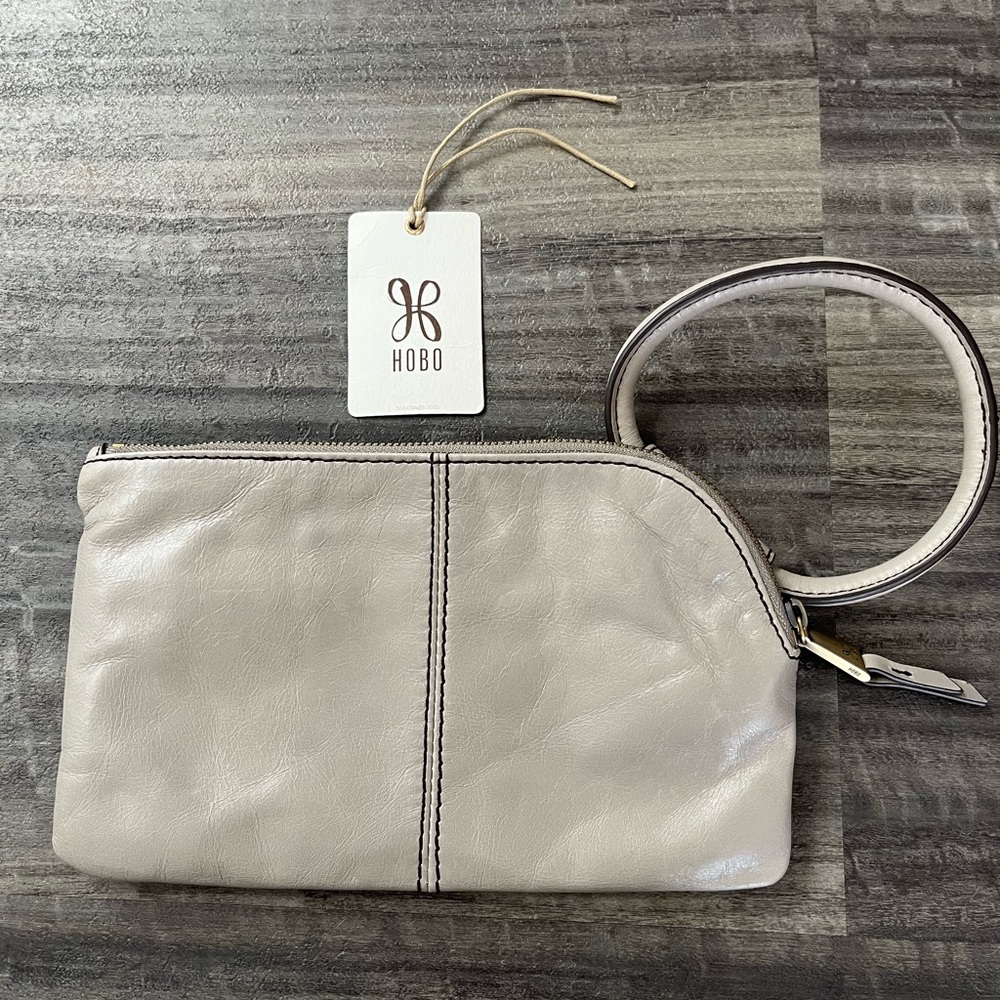 HOBO Light Gray Leather Wristlet with Top Zip and Detachable Strap